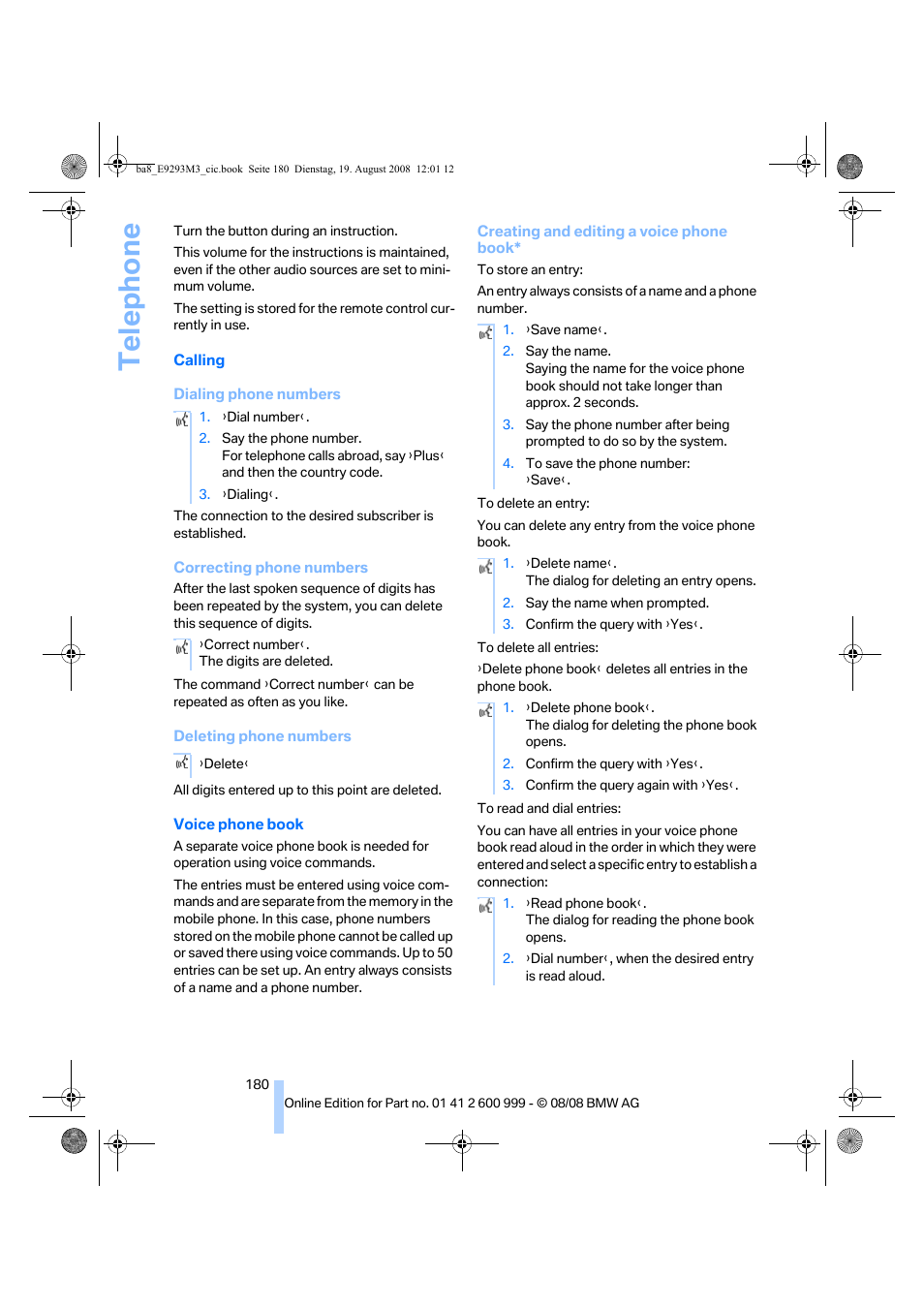 Te lephone | BMW M3 Convertible 2009 User Manual | Page 182 / 256