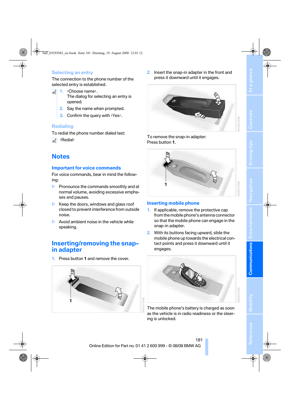 Notes, Inserting/removing the snap- in adapter | BMW M3 Convertible 2009 User Manual | Page 183 / 256