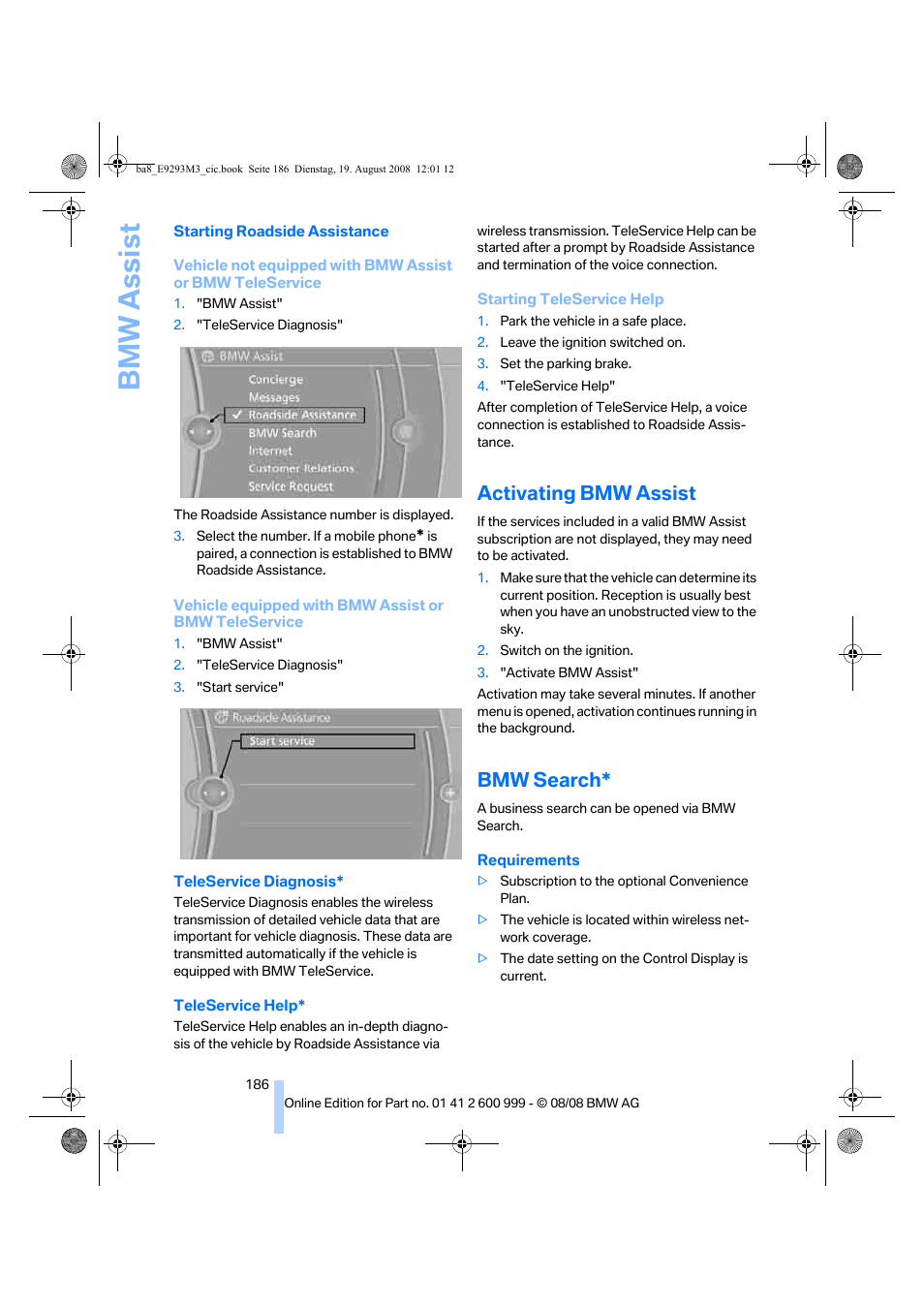 Activating bmw assist, Bmw search, Bmw assist | BMW M3 Convertible 2009 User Manual | Page 188 / 256