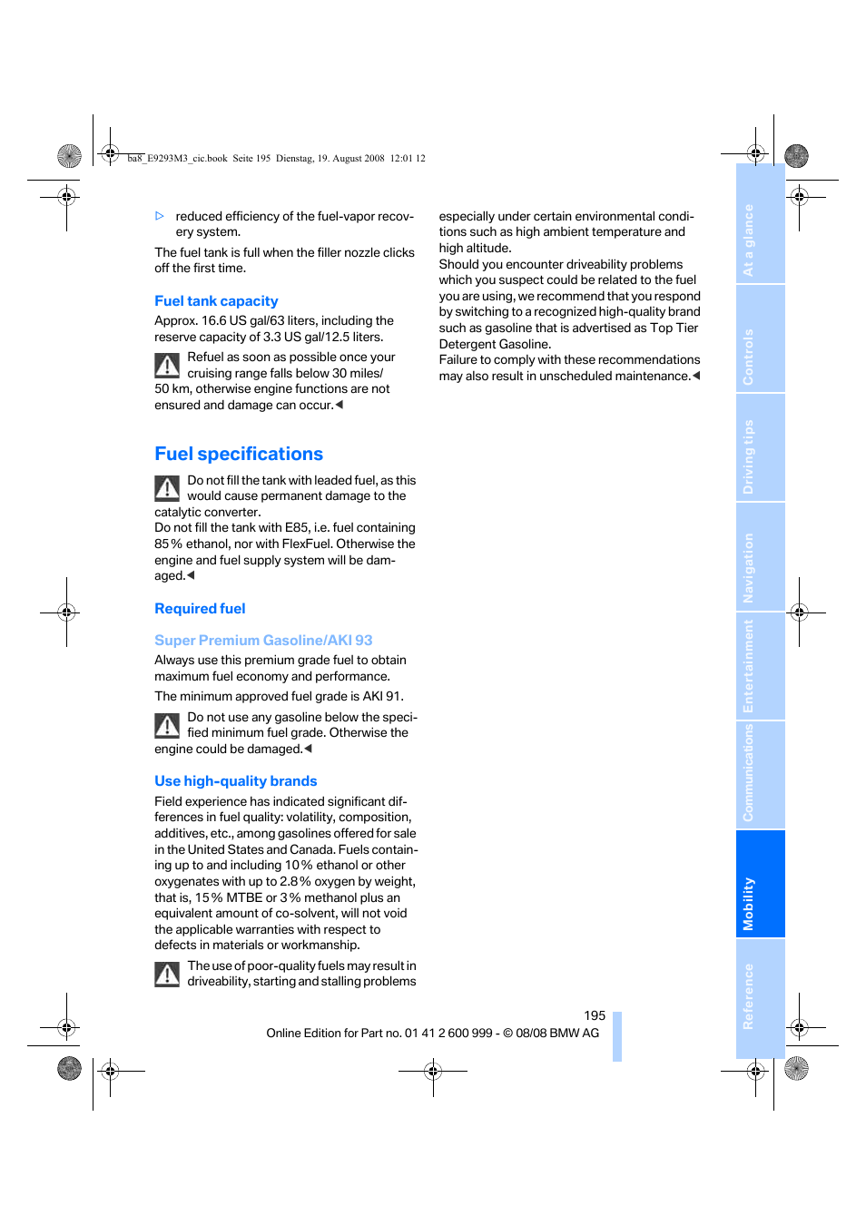Fuel specifications | BMW M3 Convertible 2009 User Manual | Page 197 / 256