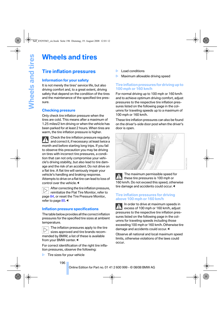 Wheels and tires, Tire inflation pressures | BMW M3 Convertible 2009 User Manual | Page 198 / 256