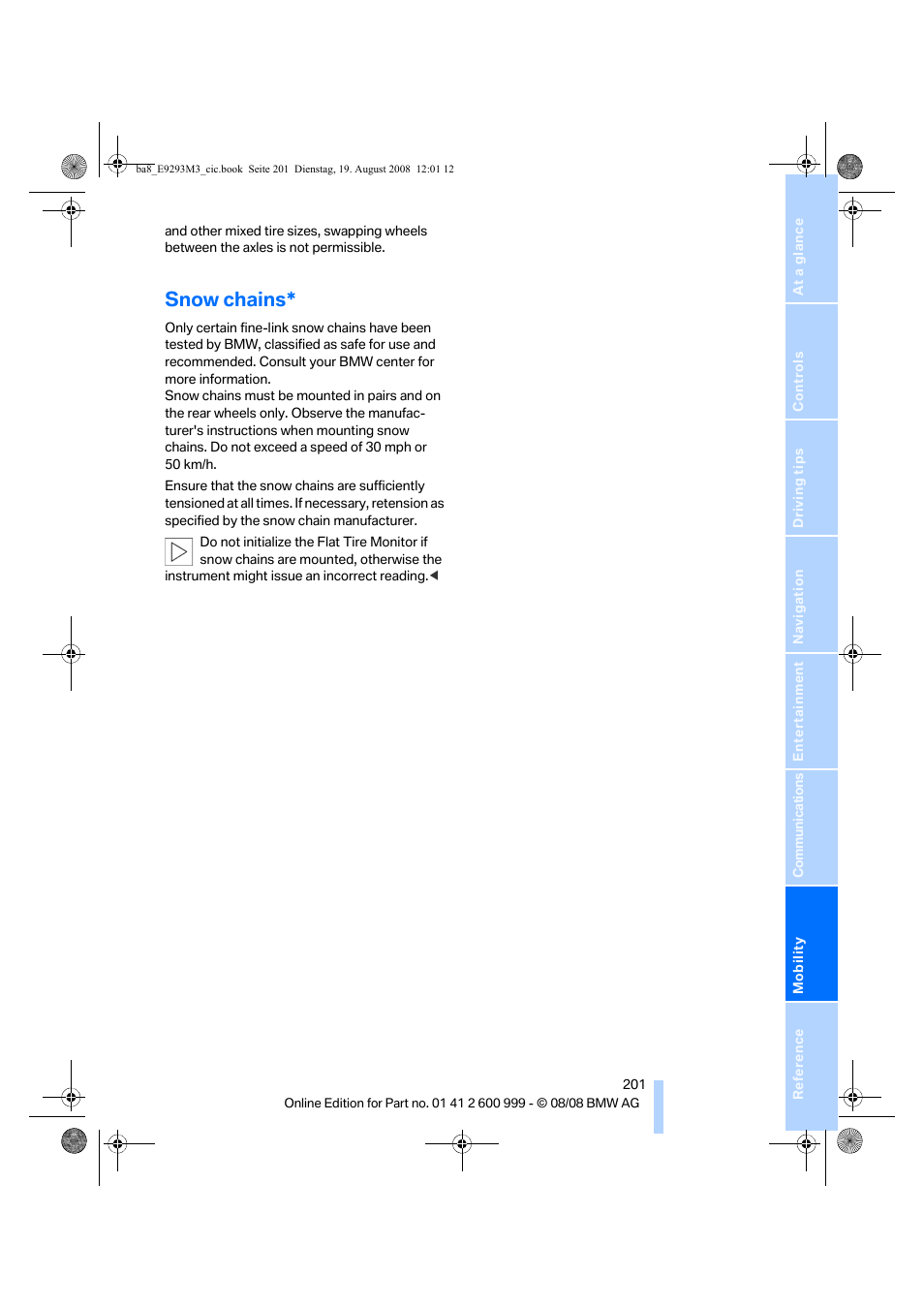 Snow chains | BMW M3 Convertible 2009 User Manual | Page 203 / 256