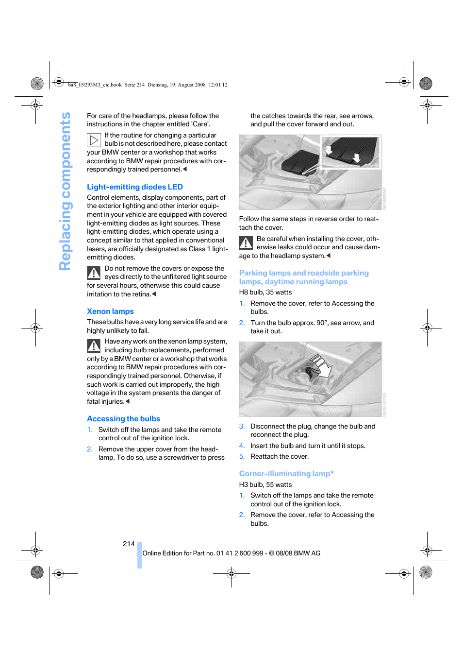 Replacing components | BMW M3 Convertible 2009 User Manual | Page 216 / 256