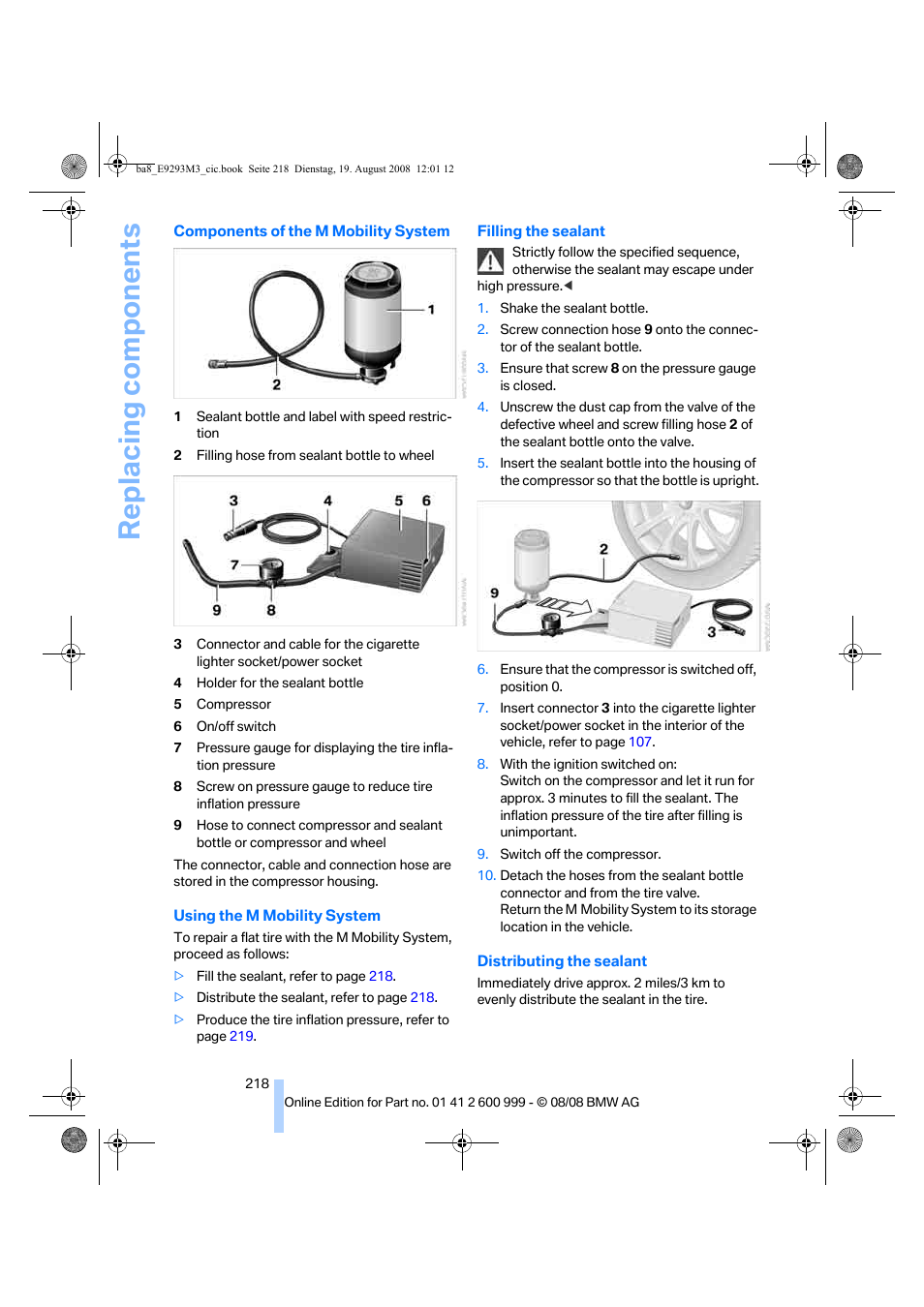 Replacing components | BMW M3 Convertible 2009 User Manual | Page 220 / 256