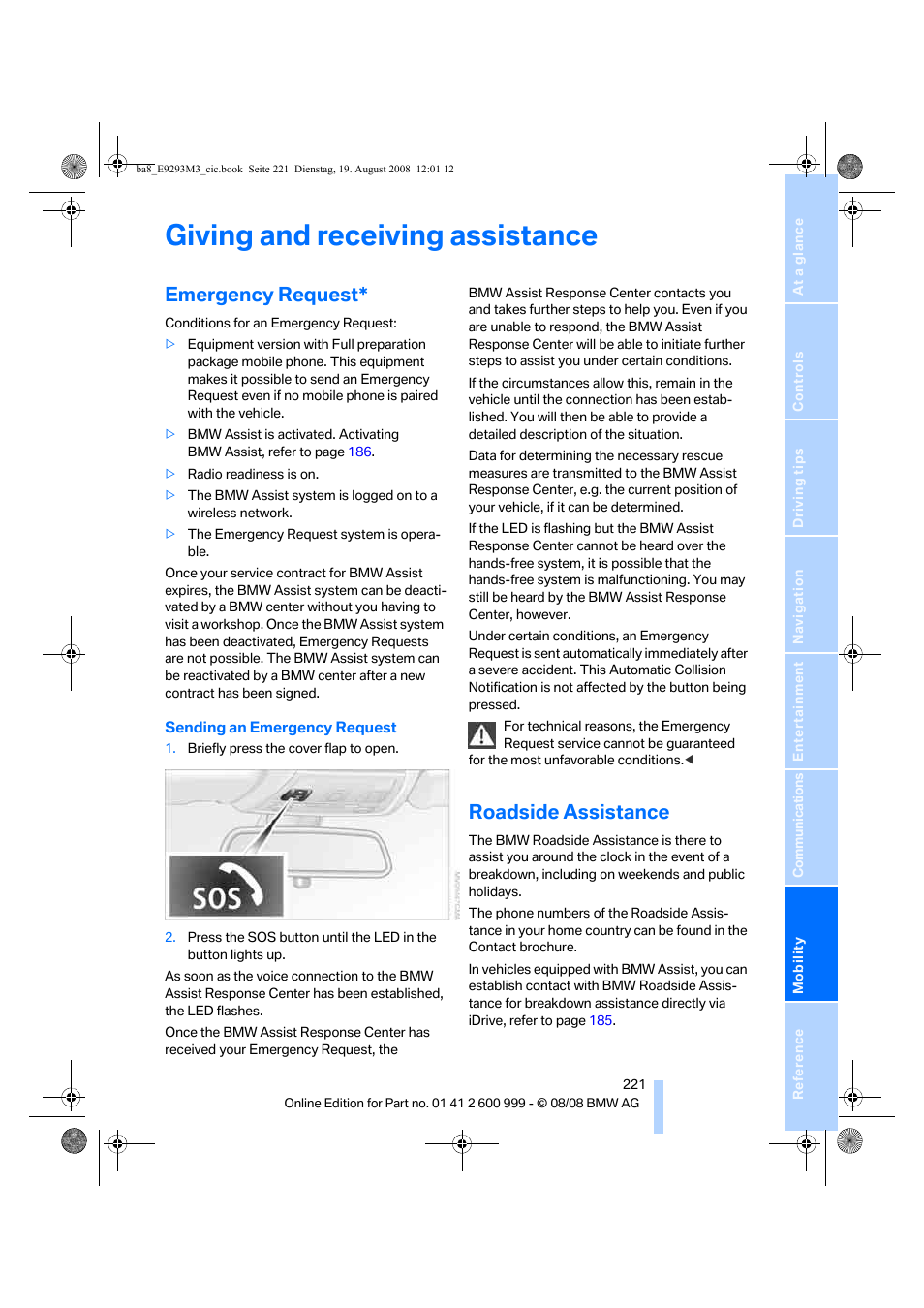 Giving and receiving assistance, Emergency request, Roadside assistance | BMW M3 Convertible 2009 User Manual | Page 223 / 256