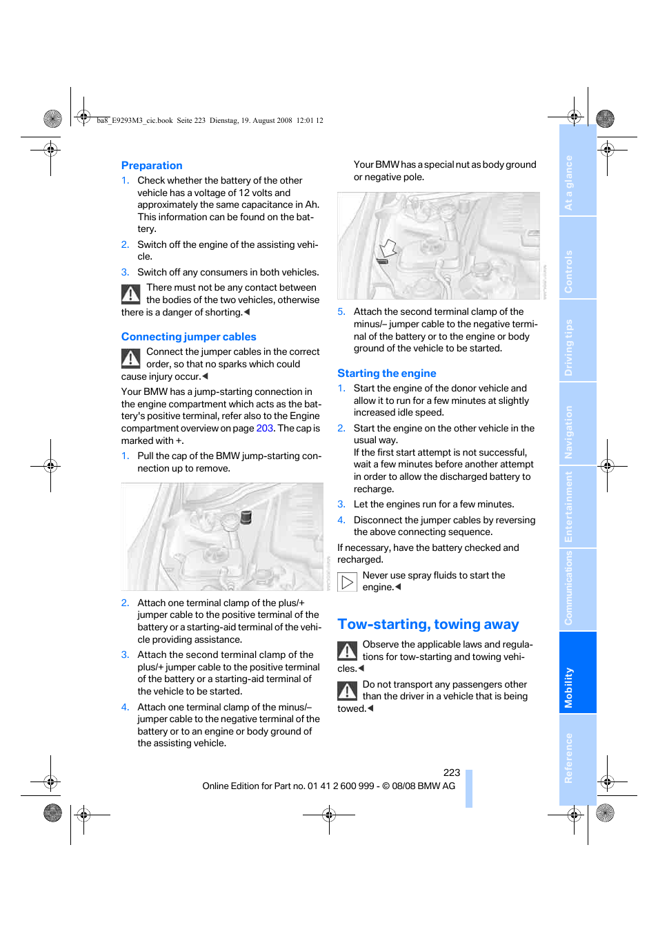 Tow-starting, towing away | BMW M3 Convertible 2009 User Manual | Page 225 / 256