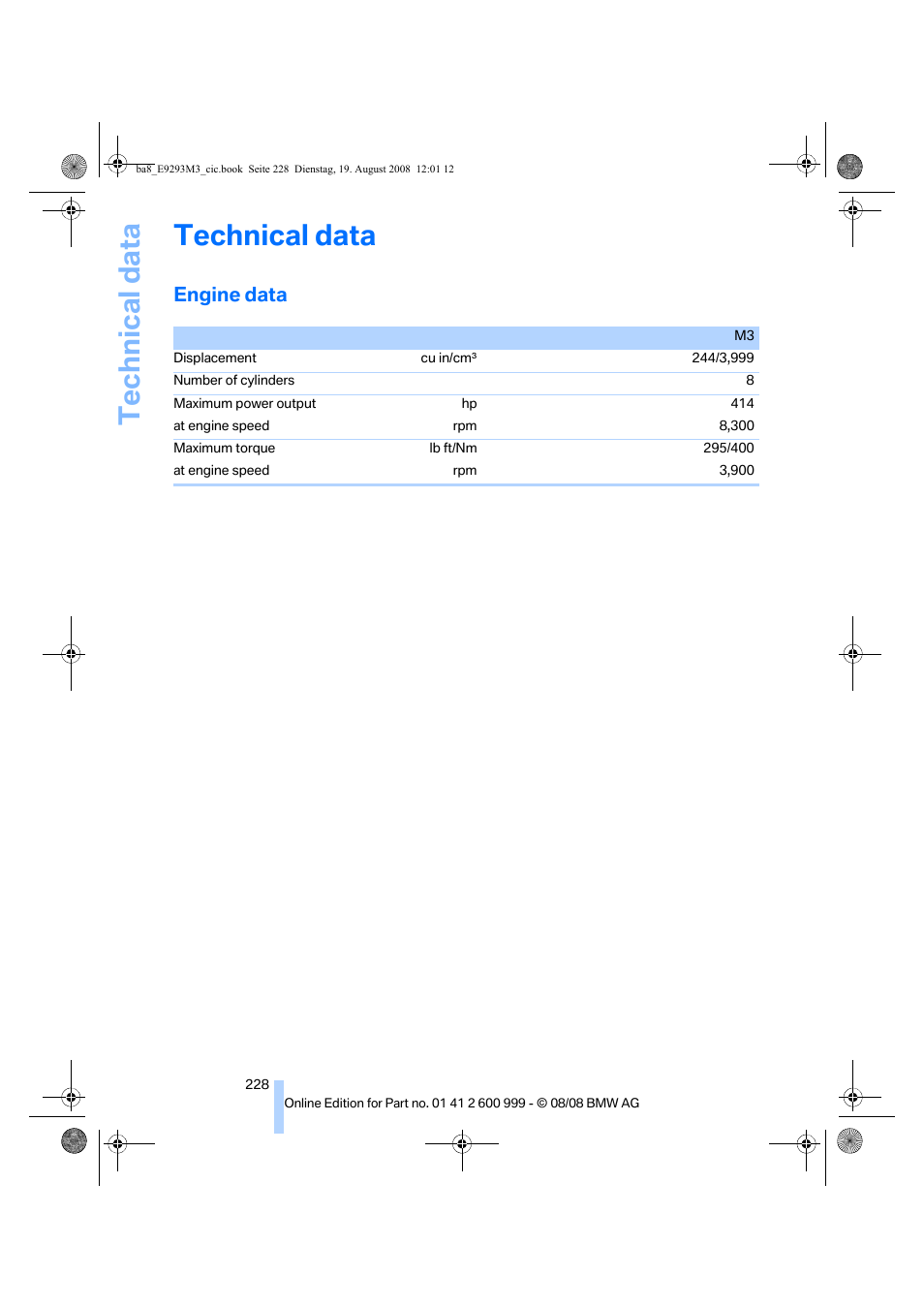 Technical data, Engine data, Refere | BMW M3 Convertible 2009 User Manual | Page 230 / 256