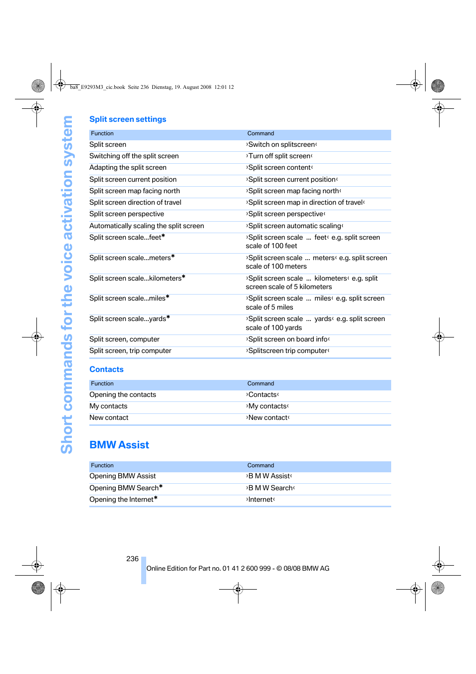 Bmw assist, Short commands for the vo ice activation system | BMW M3 Convertible 2009 User Manual | Page 238 / 256