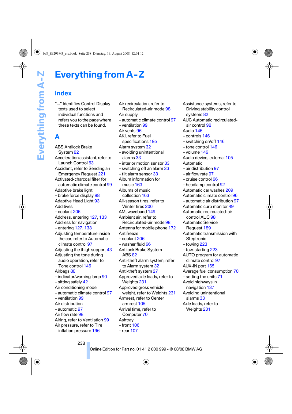 Everything from a - z, Index, Everything from a -z | Everything from a-z | BMW M3 Convertible 2009 User Manual | Page 240 / 256