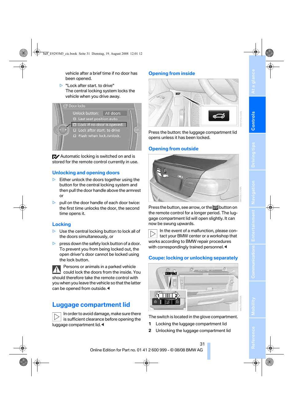 Luggage compartment lid, Ent lid | BMW M3 Convertible 2009 User Manual | Page 33 / 256