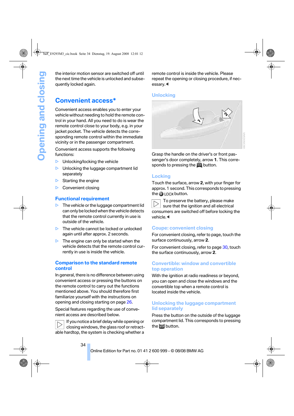 Convenient access, Opening and closing | BMW M3 Convertible 2009 User Manual | Page 36 / 256