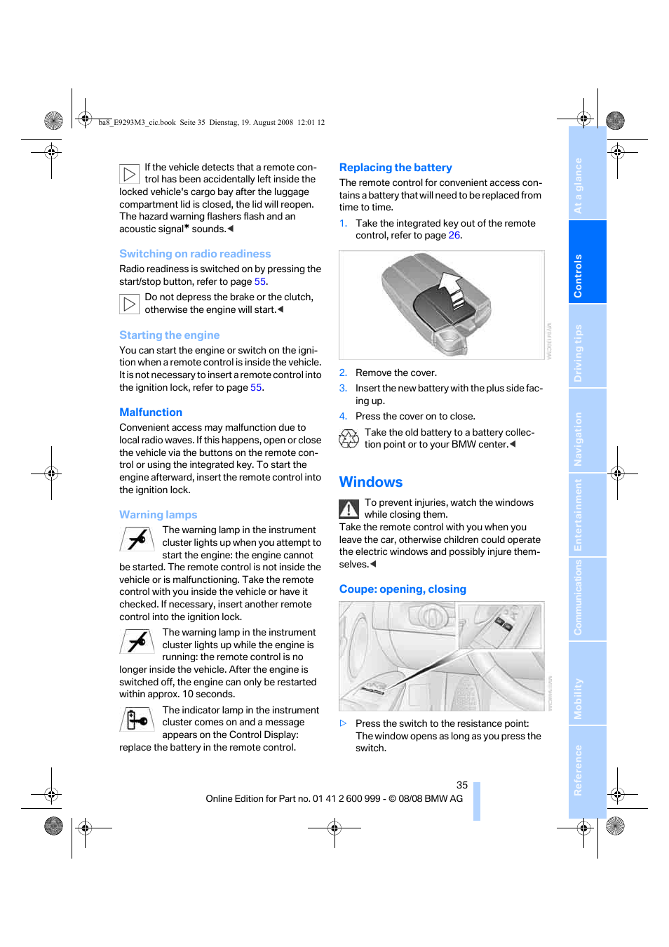 Windows | BMW M3 Convertible 2009 User Manual | Page 37 / 256