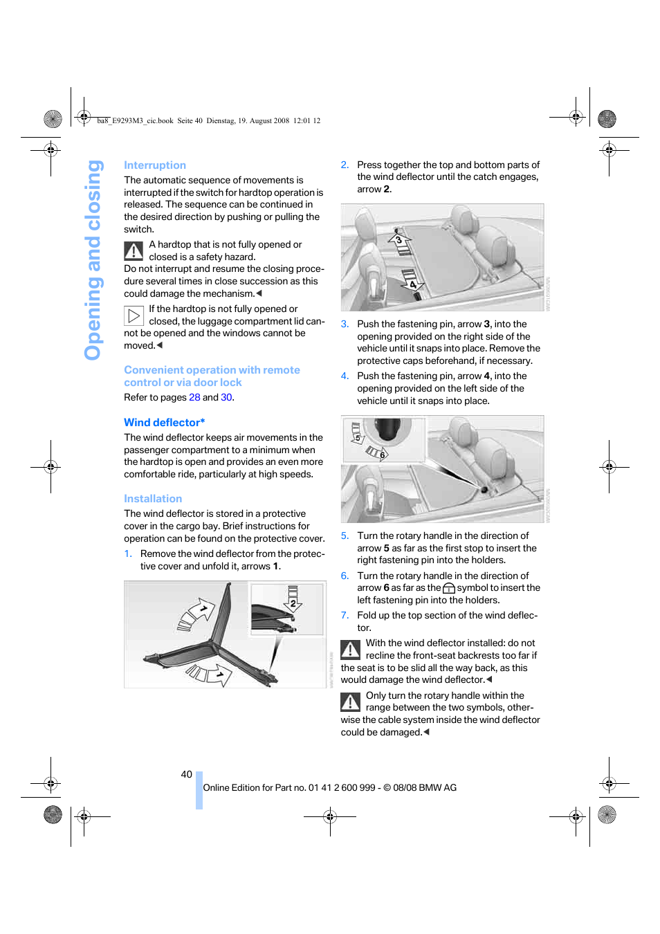 Opening and closing | BMW M3 Convertible 2009 User Manual | Page 42 / 256
