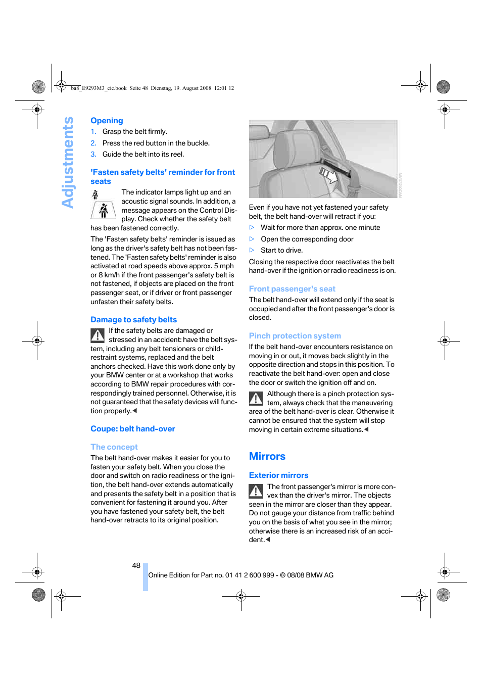 Mirrors, Adjustments | BMW M3 Convertible 2009 User Manual | Page 50 / 256