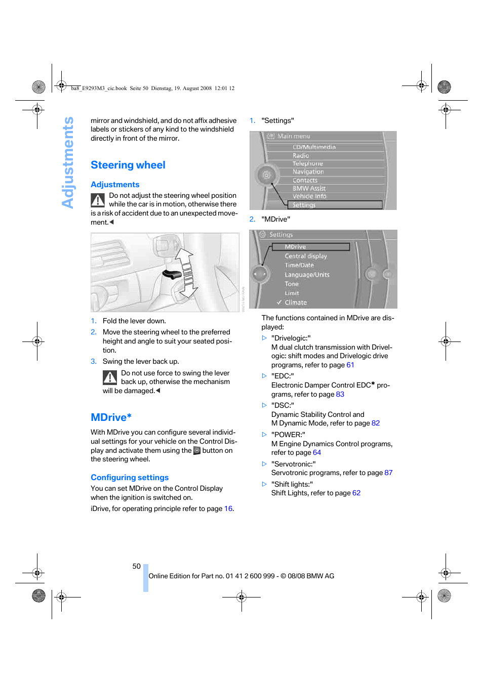 Steering wheel, Mdrive, Ttings | Adjustments | BMW M3 Convertible 2009 User Manual | Page 52 / 256