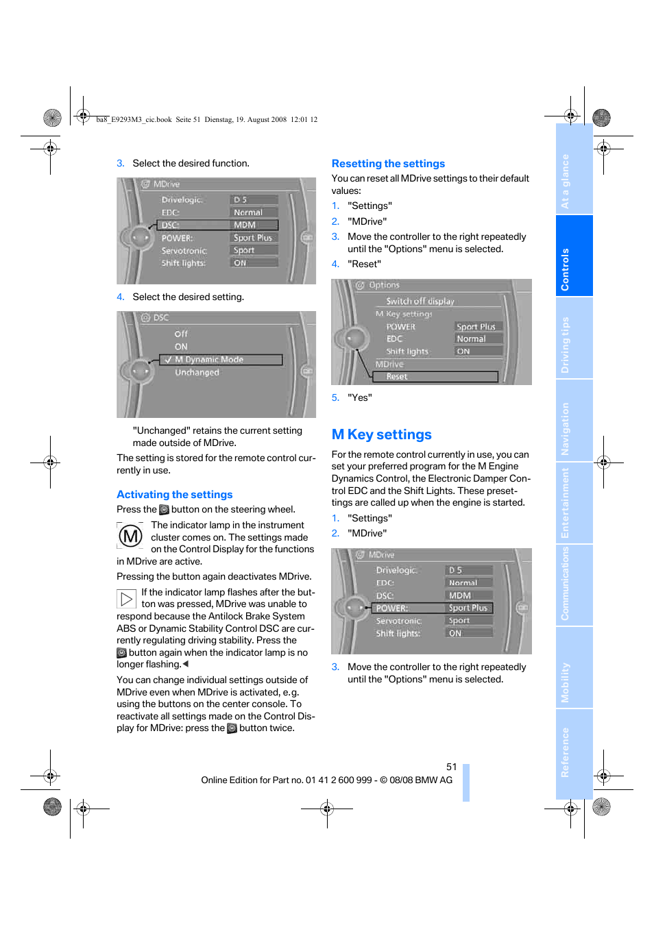 M key settings | BMW M3 Convertible 2009 User Manual | Page 53 / 256