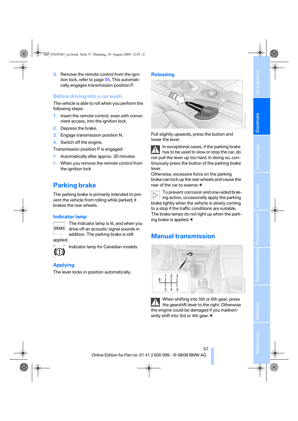 Parking brake, Manual transmission, Parking brake applied | BMW M3 Convertible 2009 User Manual | Page 59 / 256