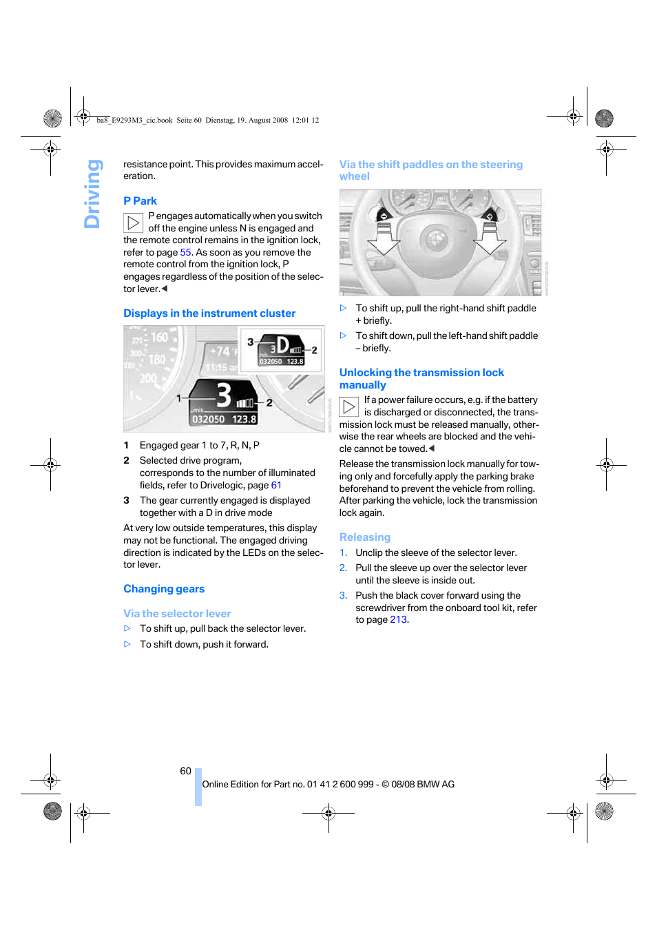 Driving | BMW M3 Convertible 2009 User Manual | Page 62 / 256