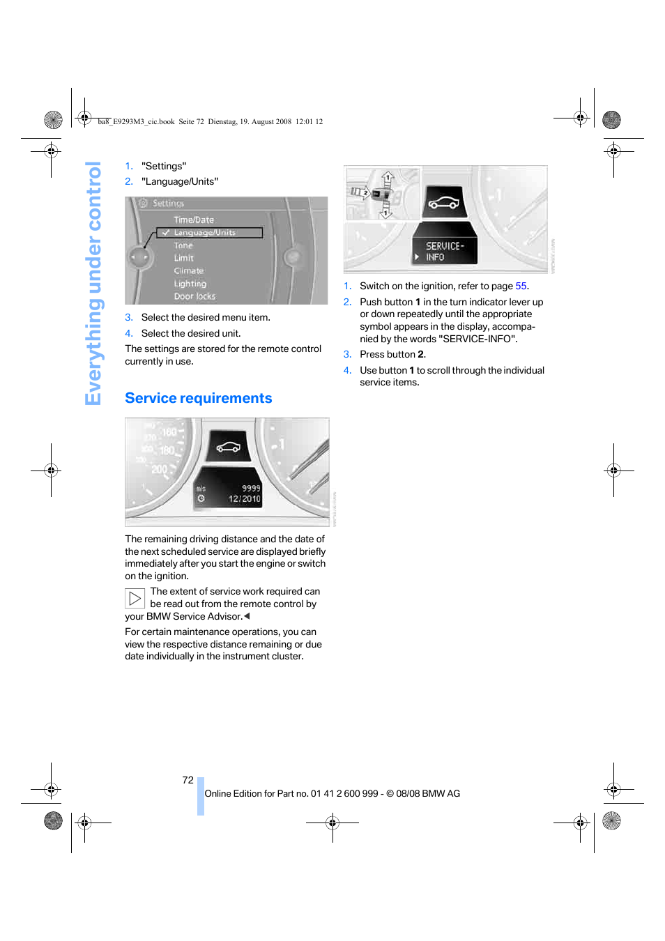 Service requirements, Remaining distance to be driven, Everything under control | BMW M3 Convertible 2009 User Manual | Page 74 / 256