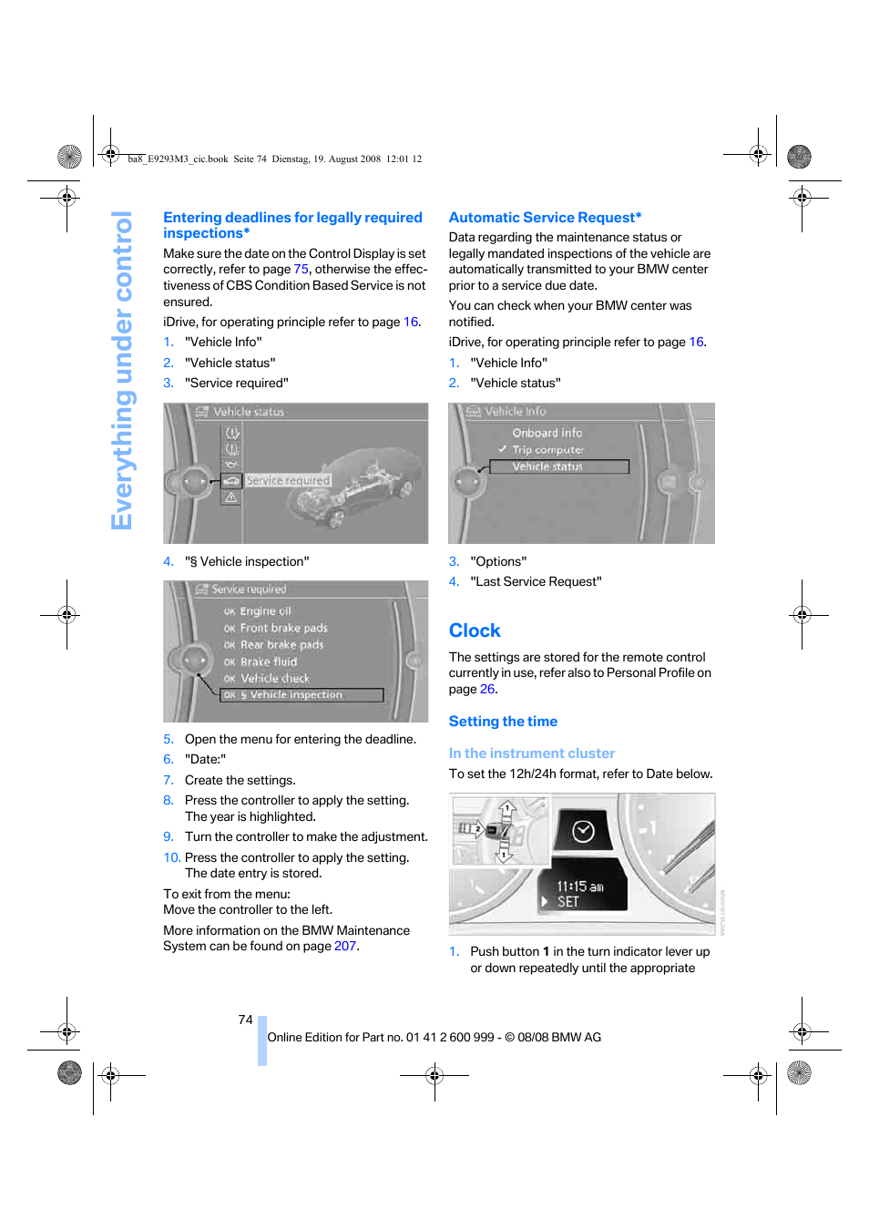 Clock, Everything under control | BMW M3 Convertible 2009 User Manual | Page 76 / 256