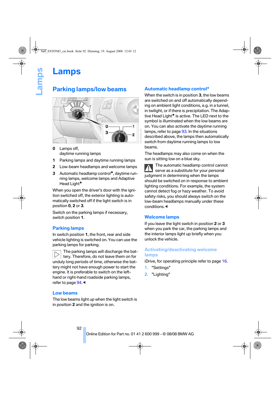 Lamps, Parking lamps/low beams, Low beams | La mps | BMW M3 Convertible 2009 User Manual | Page 94 / 256