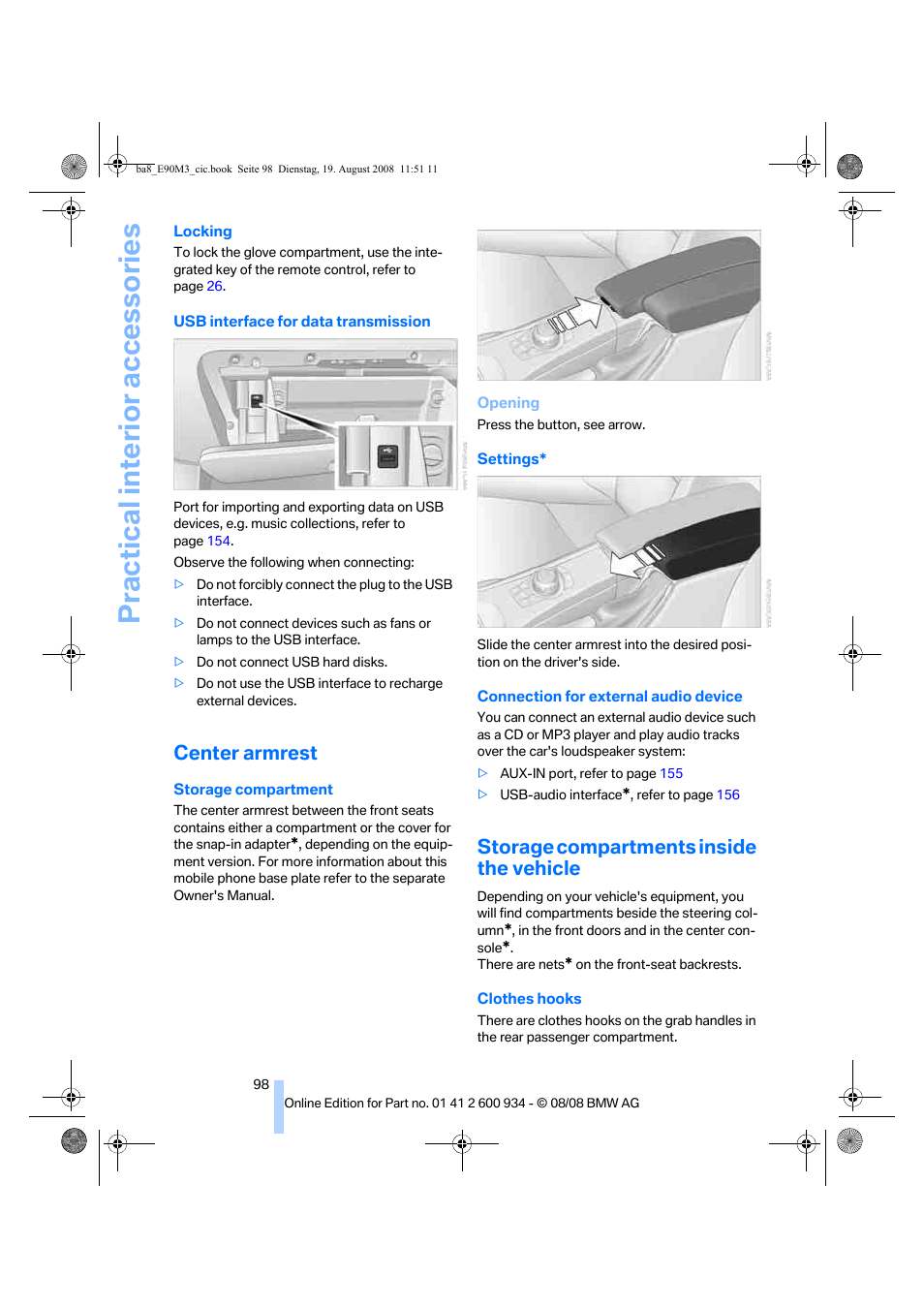 Center armrest, Storage compartments inside the vehicle, Practical interior accessories | BMW M3 Sedan 2009 User Manual | Page 100 / 246