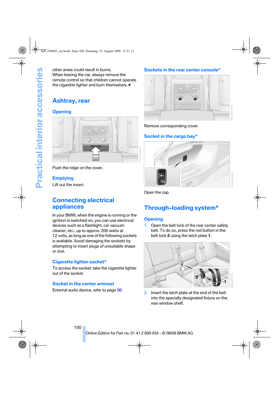 Ashtray, rear, Connecting electrical appliances, Through-loading system | Practical interior accessories | BMW M3 Sedan 2009 User Manual | Page 102 / 246