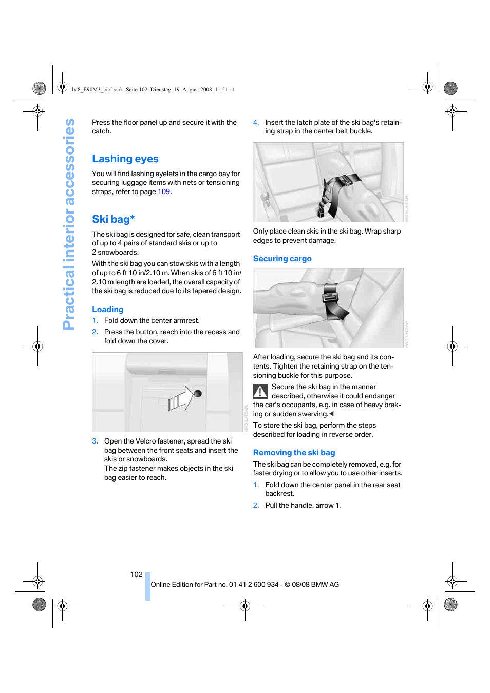 Lashing eyes, Ski bag, Practical interior accessories | BMW M3 Sedan 2009 User Manual | Page 104 / 246