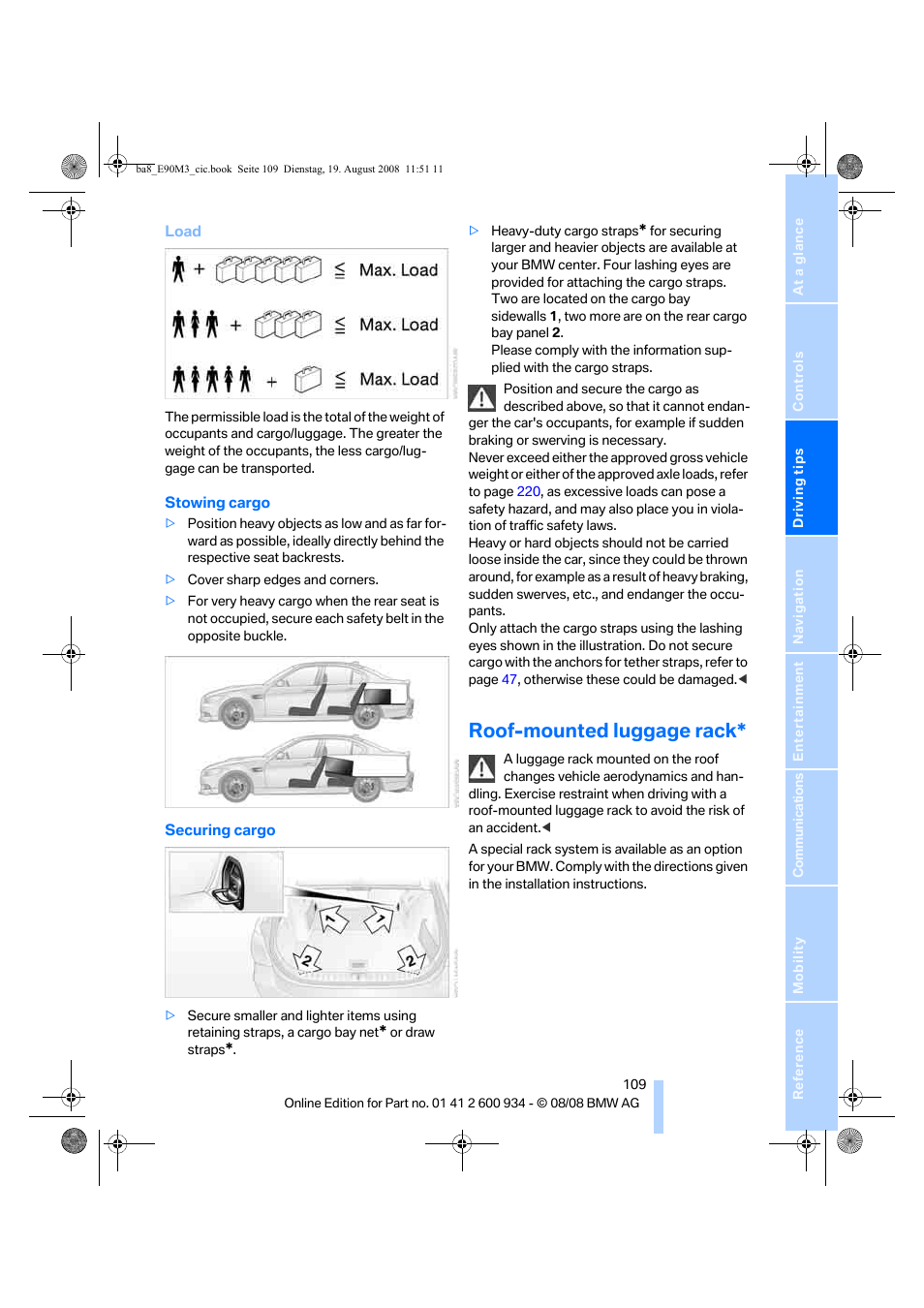 Roof-mounted luggage rack | BMW M3 Sedan 2009 User Manual | Page 111 / 246