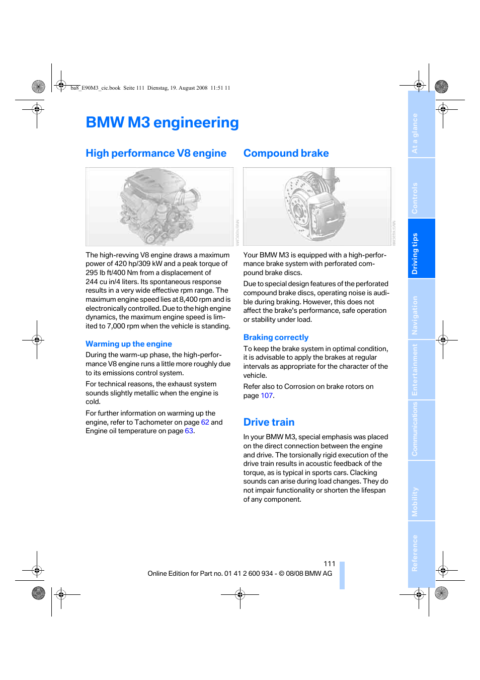 Bmw m3 engineering, High performance v8 engine, Compound brake | Drive train | BMW M3 Sedan 2009 User Manual | Page 113 / 246