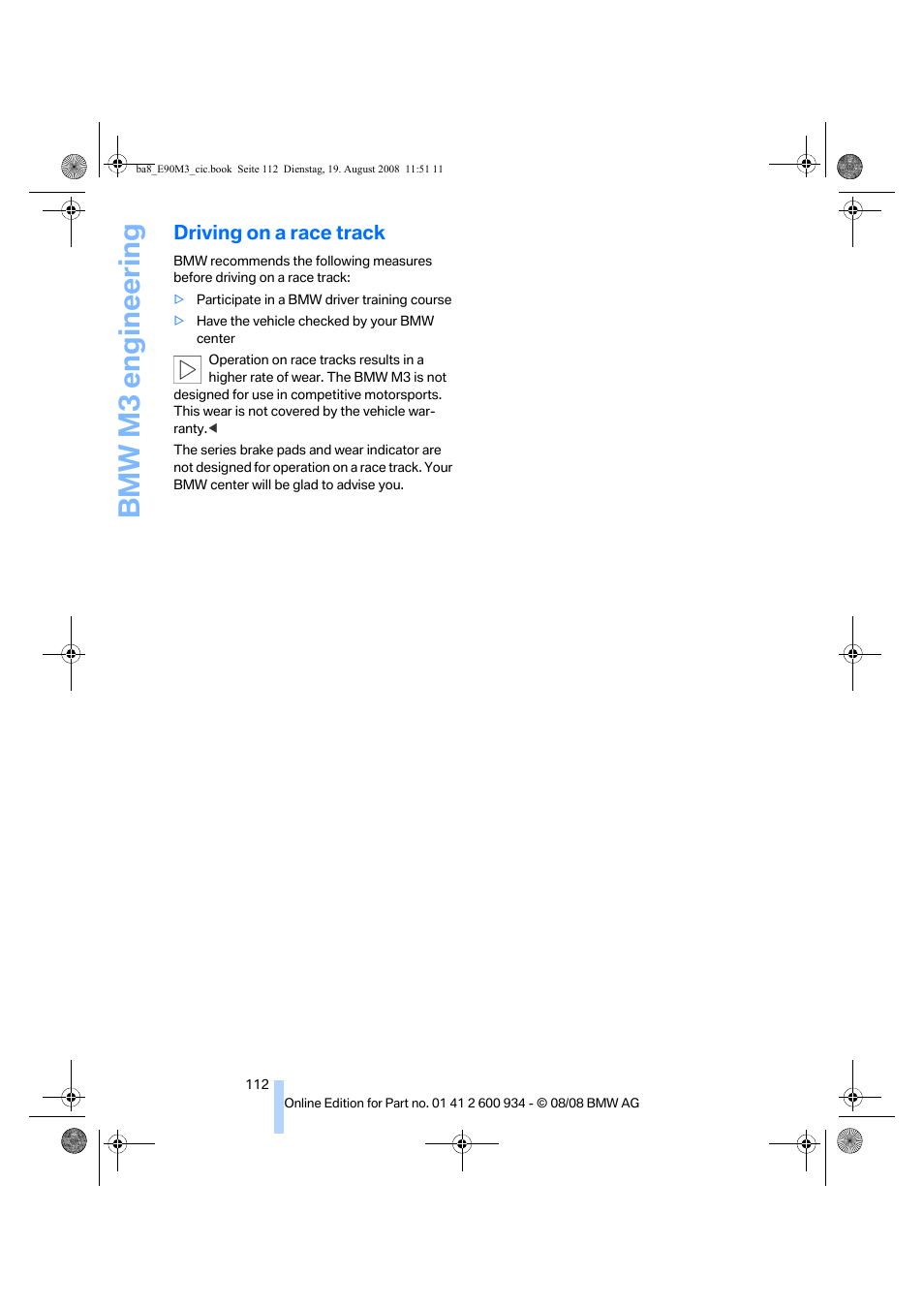 Driving on a race track, Bmw m3 engineering | BMW M3 Sedan 2009 User Manual | Page 114 / 246