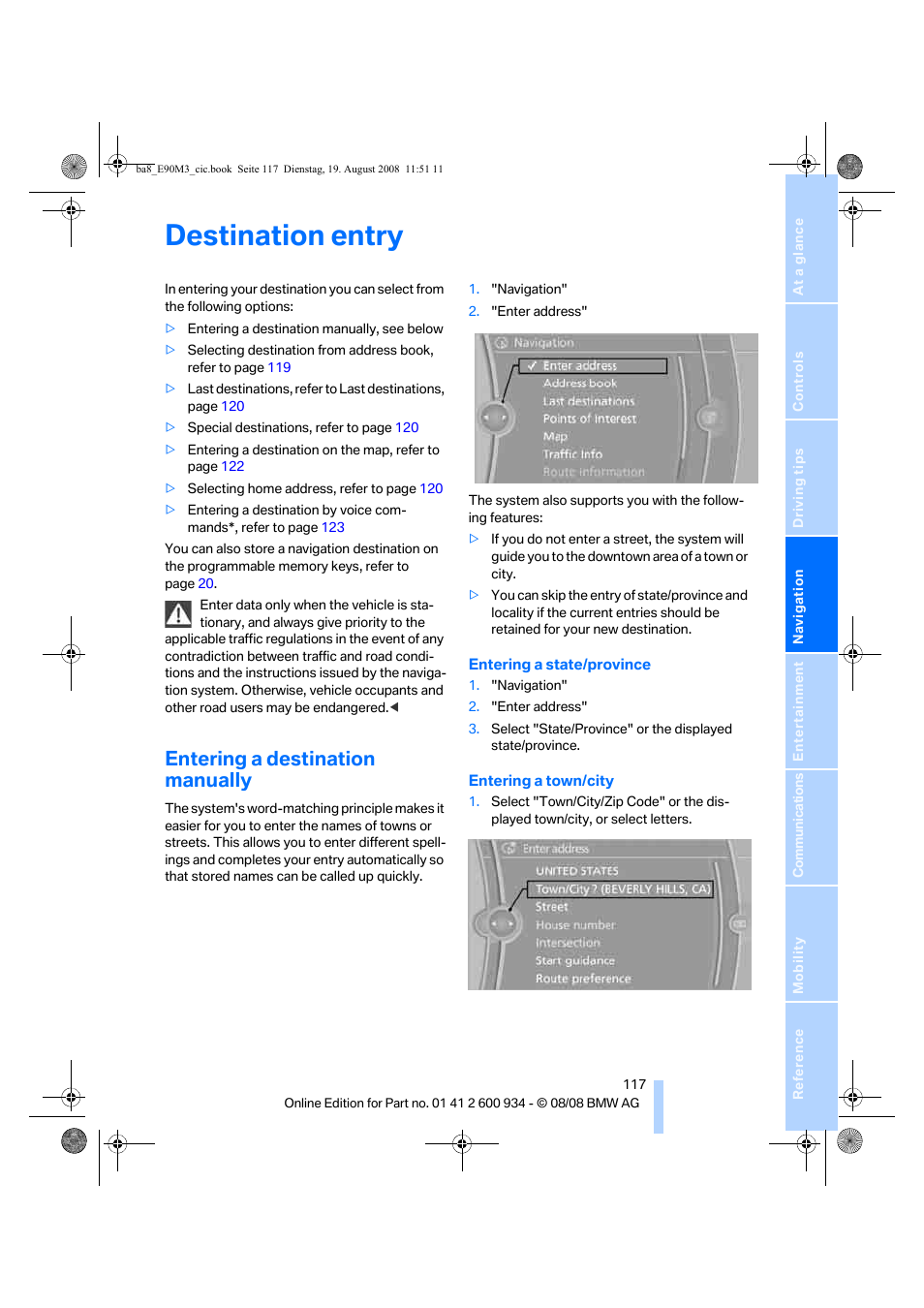 Destination entry, Entering a destination manually | BMW M3 Sedan 2009 User Manual | Page 119 / 246