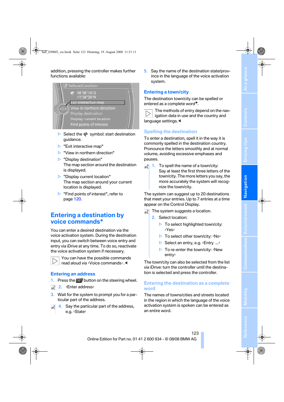 Entering a destination by voice commands | BMW M3 Sedan 2009 User Manual | Page 125 / 246