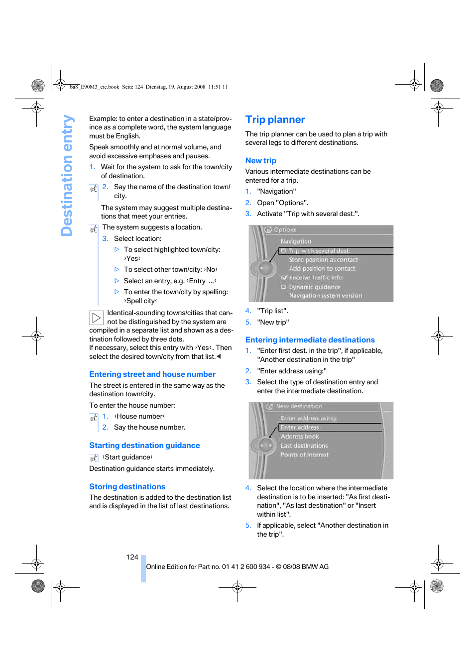 Trip planner, Destination entry | BMW M3 Sedan 2009 User Manual | Page 126 / 246