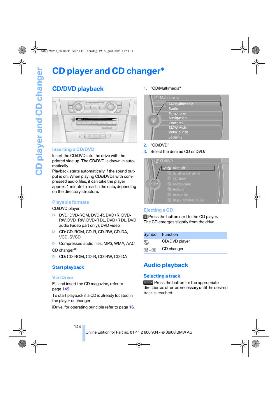 Cd player and cd changer, Cd/dvd playback, Audio playback | BMW M3 Sedan 2009 User Manual | Page 146 / 246