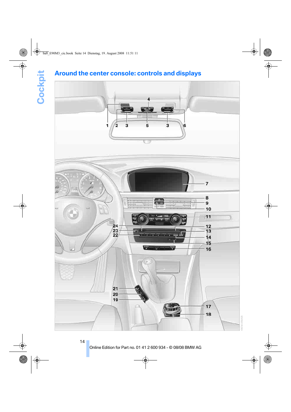 Around the center console: controls and displays, Cockpit | BMW M3 Sedan 2009 User Manual | Page 16 / 246