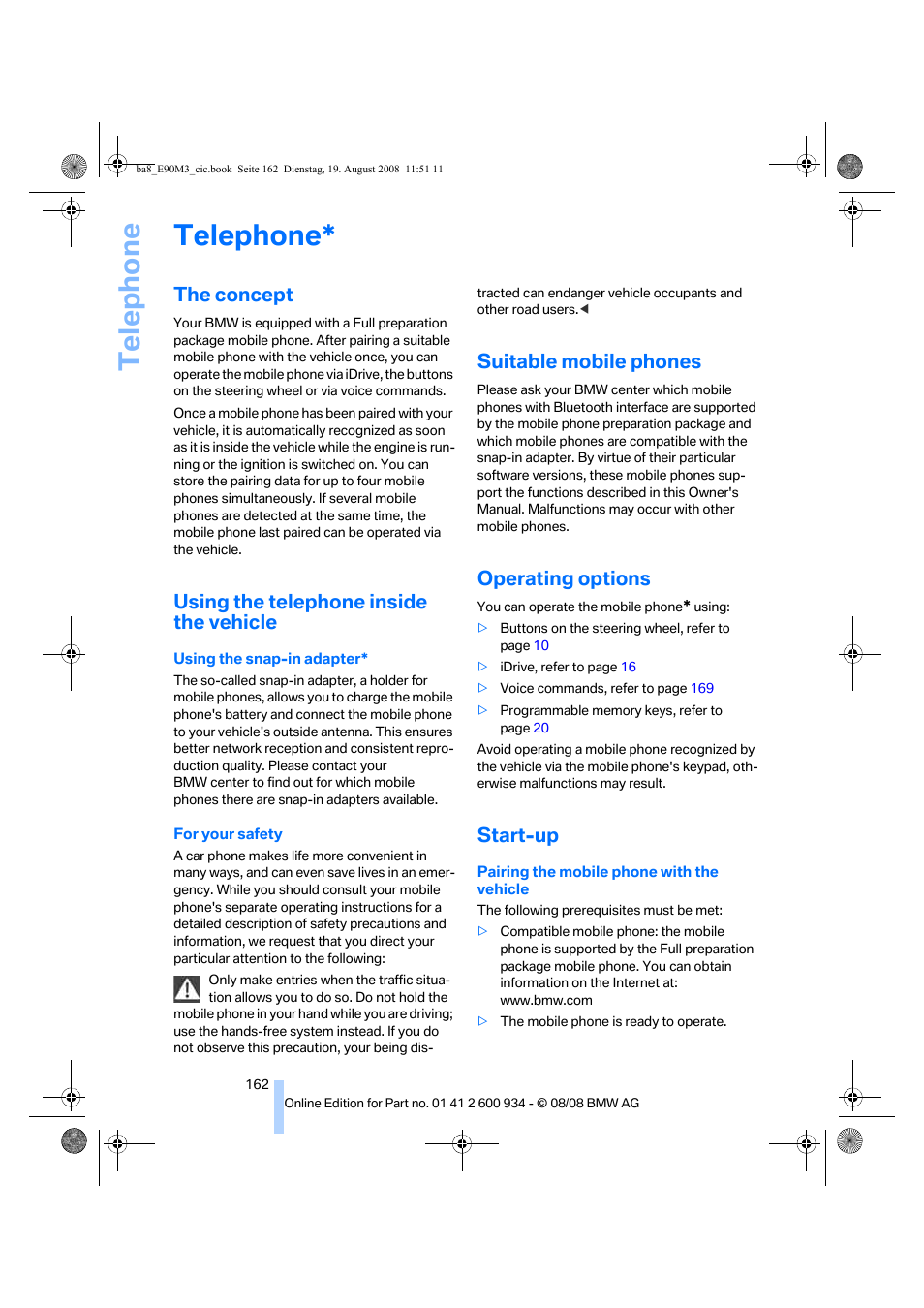 Telephone, The concept, Using the telephone inside the vehicle | Suitable mobile phones, Operating options, Start-up, Icat, Te lephone | BMW M3 Sedan 2009 User Manual | Page 164 / 246