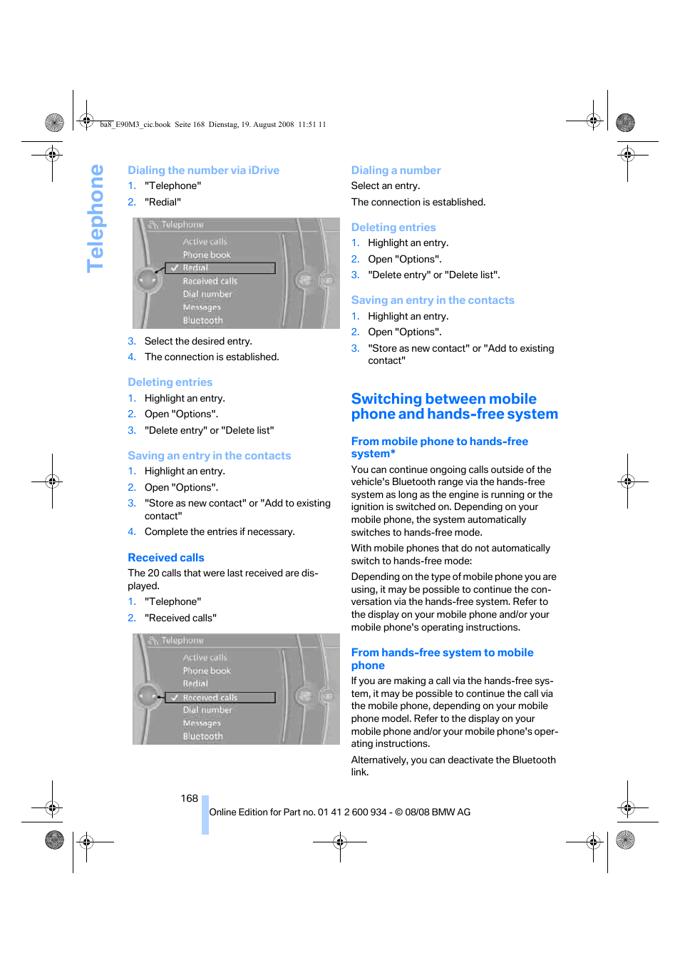 Te lephone | BMW M3 Sedan 2009 User Manual | Page 170 / 246