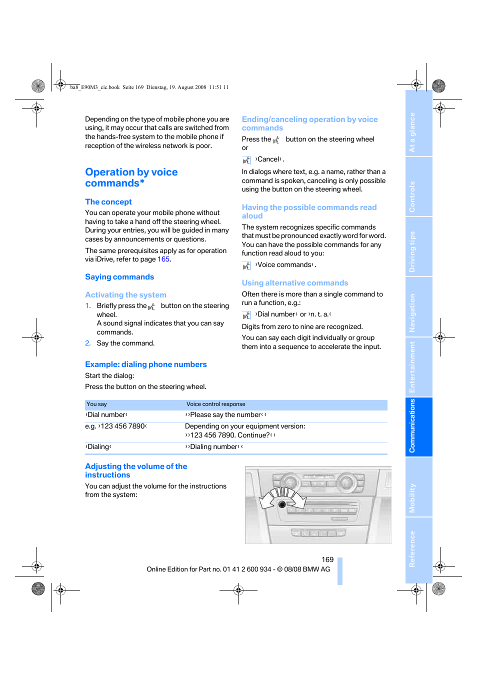 Operation by voice commands | BMW M3 Sedan 2009 User Manual | Page 171 / 246