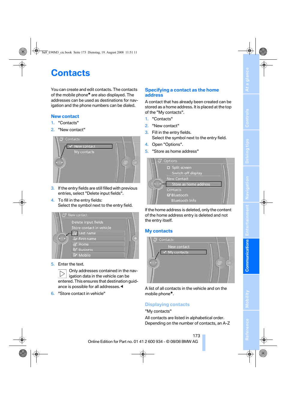 Contacts | BMW M3 Sedan 2009 User Manual | Page 175 / 246