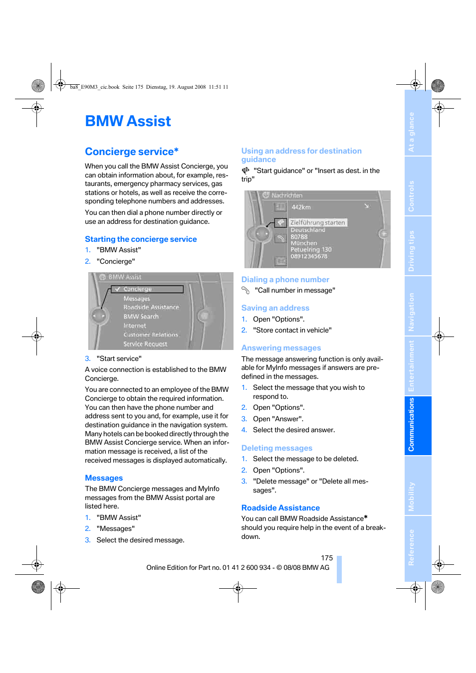 Bmw assist, Concierge service | BMW M3 Sedan 2009 User Manual | Page 177 / 246