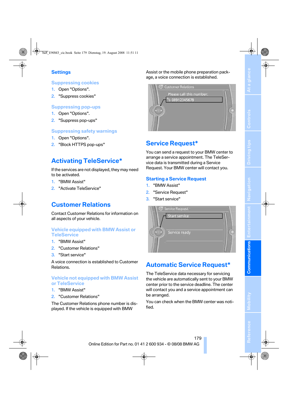 Activating teleservice, Customer relations, Service request | Automatic service request | BMW M3 Sedan 2009 User Manual | Page 181 / 246