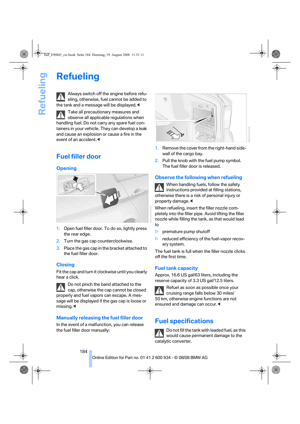 Refueling, Fuel filler door, Fuel specifications | Lity | BMW M3 Sedan 2009 User Manual | Page 186 / 246