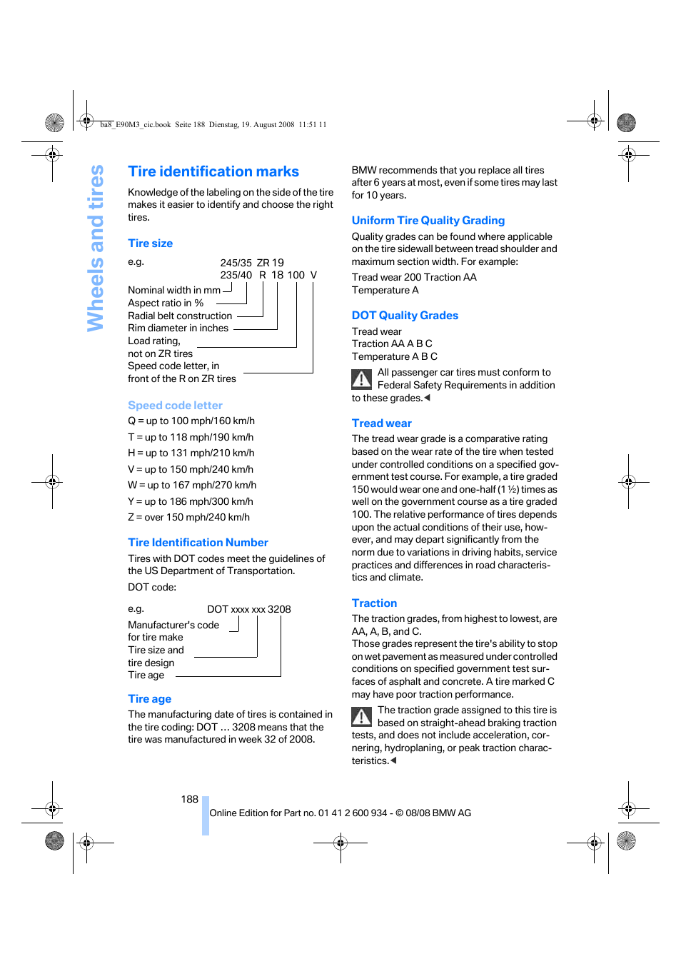 Tire identification marks, Wheels and tires | BMW M3 Sedan 2009 User Manual | Page 190 / 246