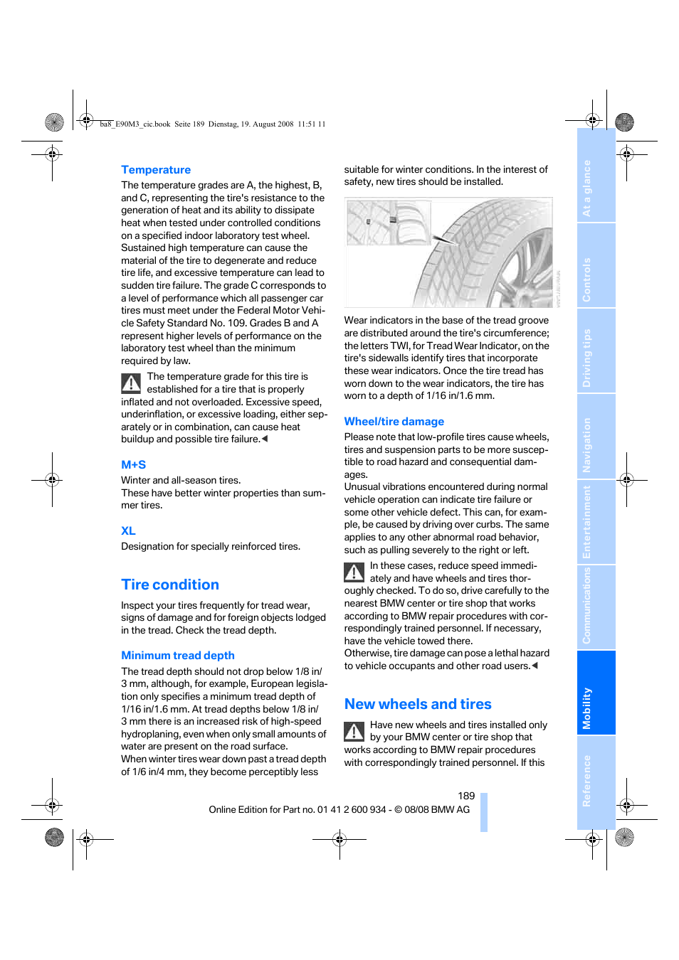 Tire condition, New wheels and tires | BMW M3 Sedan 2009 User Manual | Page 191 / 246