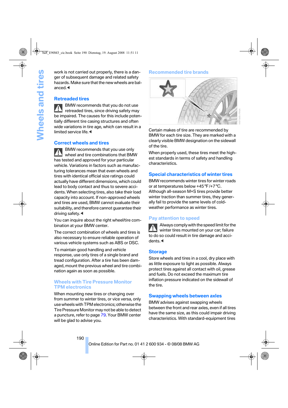 Wheels and tires | BMW M3 Sedan 2009 User Manual | Page 192 / 246