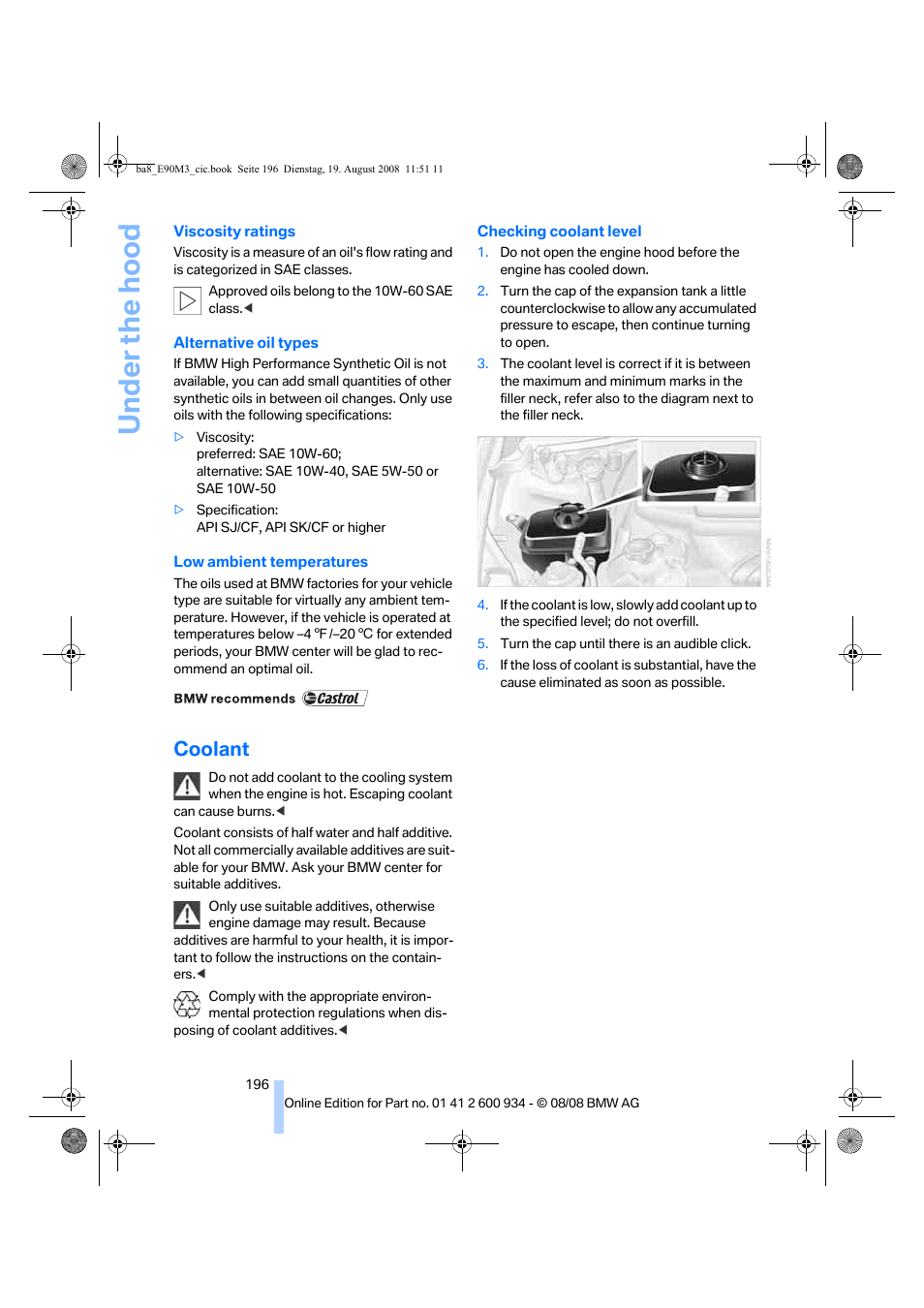 Coolant, Under the hood | BMW M3 Sedan 2009 User Manual | Page 198 / 246