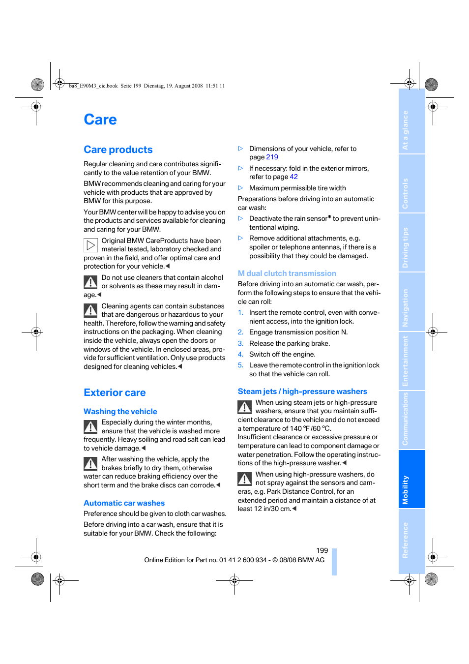 Care, Care products, Exterior care | BMW M3 Sedan 2009 User Manual | Page 201 / 246