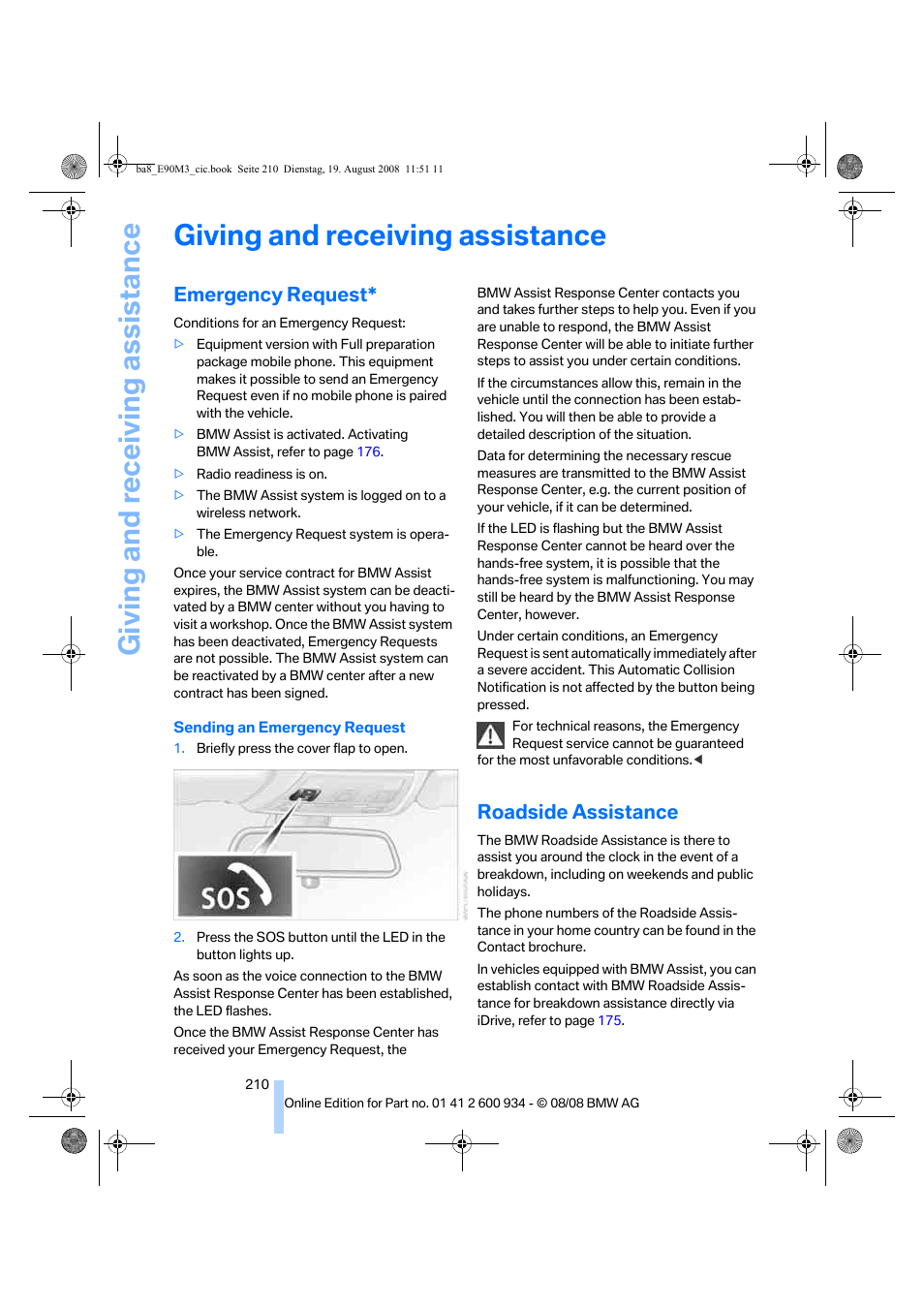 Giving and receiving assistance, Emergency request, Roadside assistance | BMW M3 Sedan 2009 User Manual | Page 212 / 246