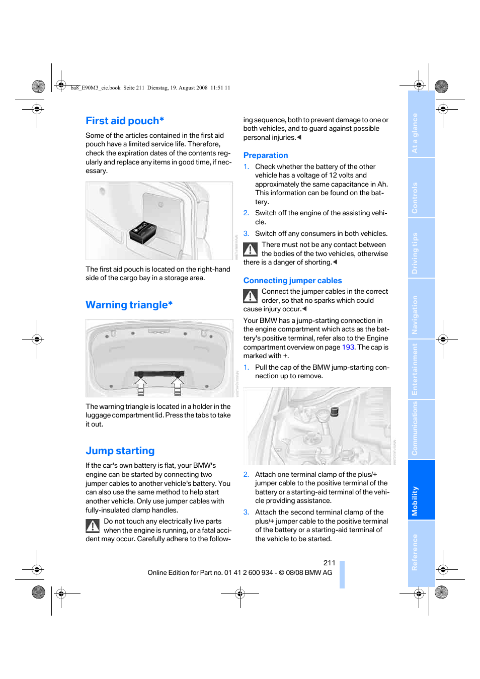 First aid pouch, Warning triangle, Jump starting | BMW M3 Sedan 2009 User Manual | Page 213 / 246